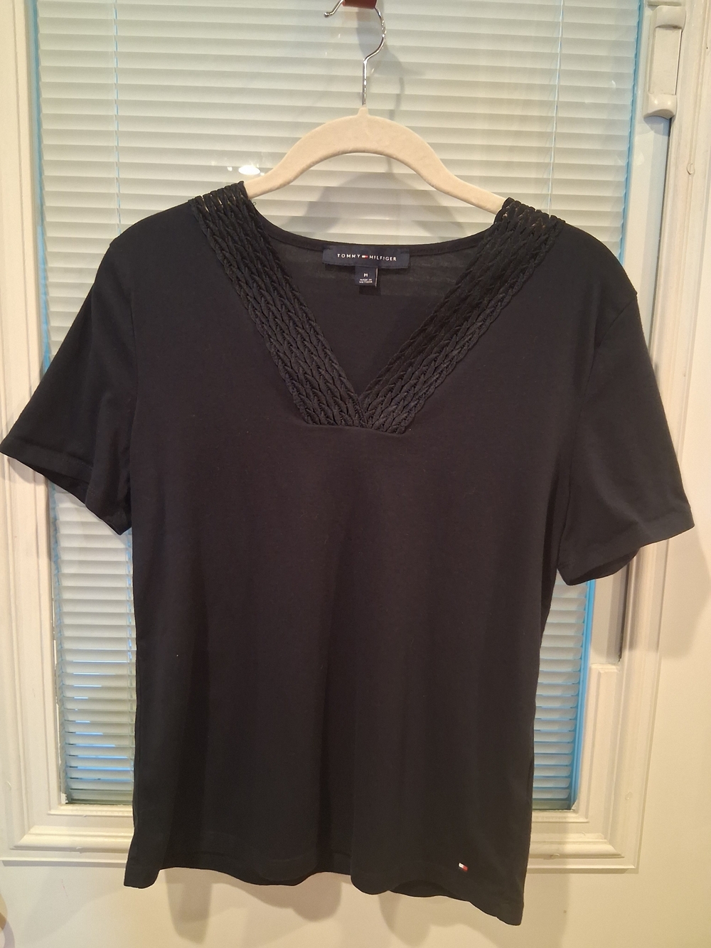 sku357 Tommy Hilfiger Black V-Neck Short Sleeve Top with Braided Trim Size M